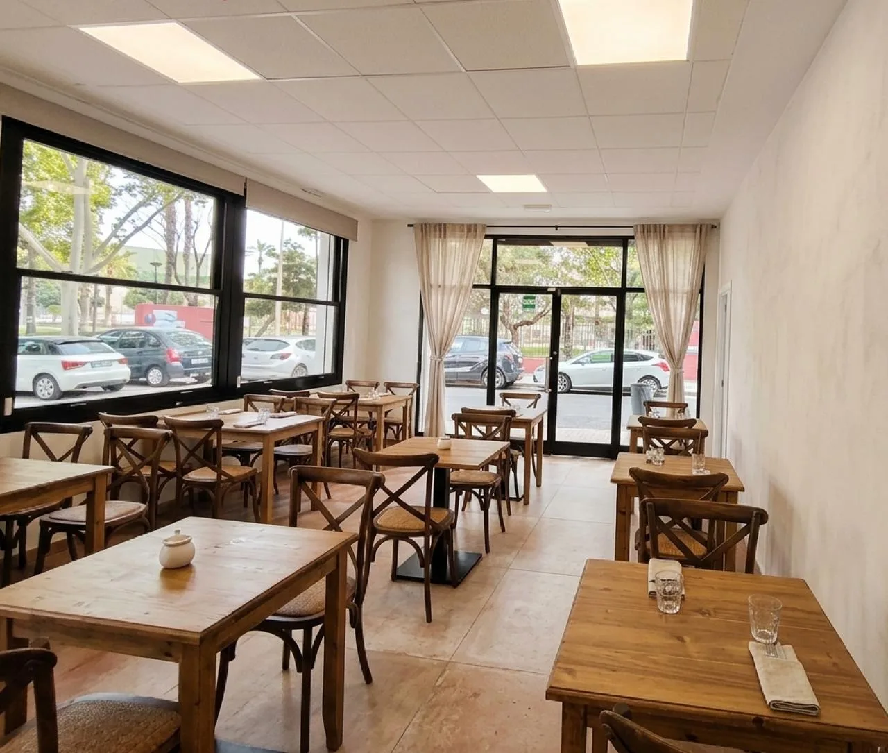 Sala de un bar en Manises, Valencia, terminada y con la instalación eléctrica legalizada, con iluminación LED de techo y salida de emergencia señalizada